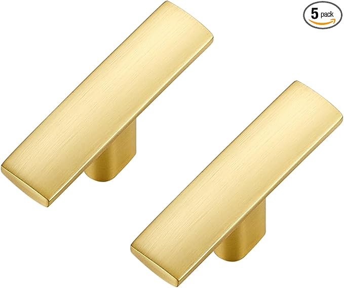 5 Pack Cabinet Handles Single Hole - Curved Cabinet Knobs Brushed Brass Drawer Pulls for Kitchen Cupboard Solid Pulls for Dresser Drawer Arch Closet Hardware