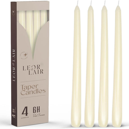 Leor & Lair Ivory Taper Candles - 4 Pack 10" Ivory Candlesticks - Unscented Cream Candle Sticks for Home Decoration, Holiday Tables, Weddings, Restaurants & Business Events