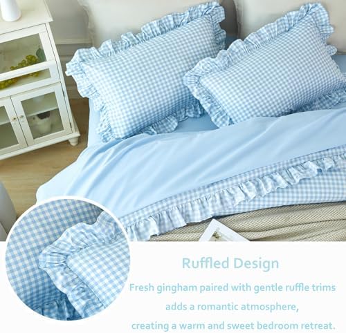 Queen Gingham Comforter Set 5 Pcs Blue Plaid Ruffle Bedding Set - Image 4