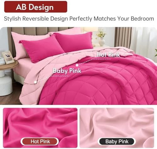 Queen Comforter Set 7 Pieces, Reversible Bed in a Bag, Hot Pink/Baby Pink - Image 3