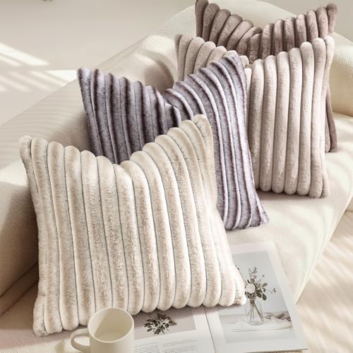 decorUhome Fall Faux Fur Throw Pillow Covers 22x22 Set of 2 Brown White - Image 4