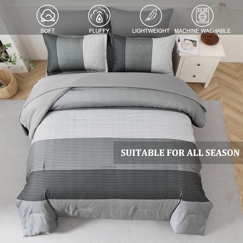 Grey King Size Comforter Set, 7 Piece Striped Bed in a Bag King - Image 3