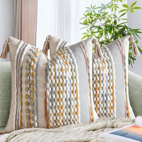 AmHoo Set of 2 Chenille Striped Textured Boho Throw Pillow Covers Aesthetic by AmHootextile
