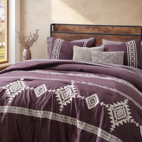 MaiRêve Embroidery Queen Comforter Set 7 Pieces Purple Western Bed in a Bag - Image 3