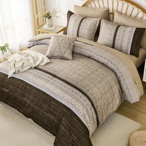 Dintszyayue Brown Comforter Set Full Size, 8 Pieces Boho Striped Bed in a Bag - Image 3