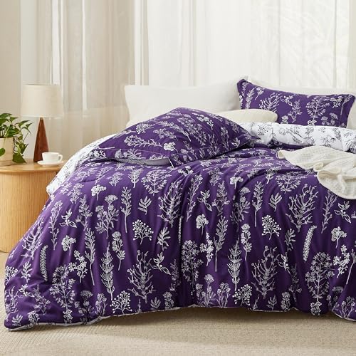 Bedsure Floral Comforter Set Cute Bedding Set Full Reversible Dark Purple by BEDSURE