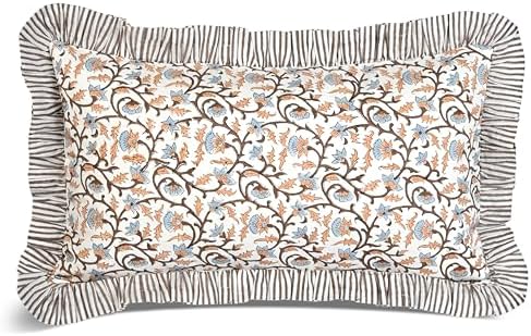Ridhi Brown Meadow Vine Block Print Ruffle Pillow Sham 20x12 Inch Set of 1 by Ridhi
