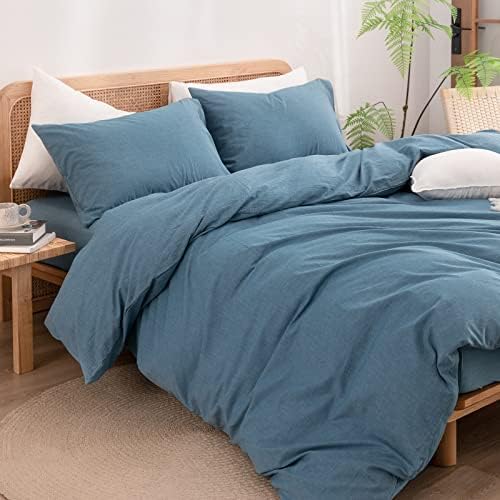 BESTOUCH Cotton Solid Duvet Cover Set Linen Feel Dark Blue Queen - Image 5
