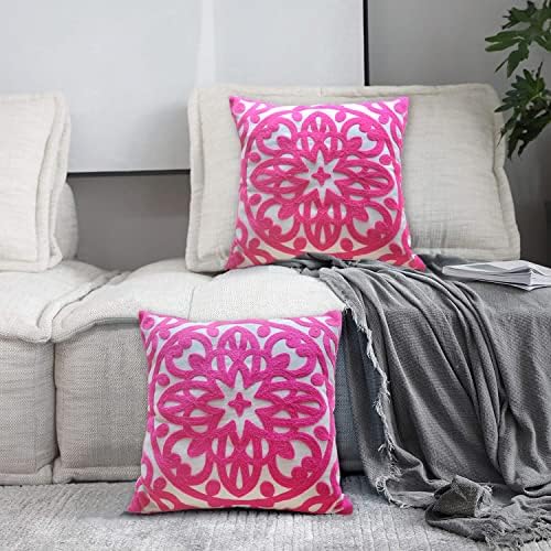 Alysheer Boho Embroidered Throw Pillow Cover 18"x18" Set of 2, Hot Pink - Image 4