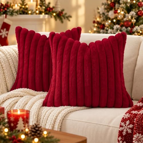 decorUhome Christmas Faux Fur Throw Pillow Covers 12x20 Set of 2 Burgundy - Image 2