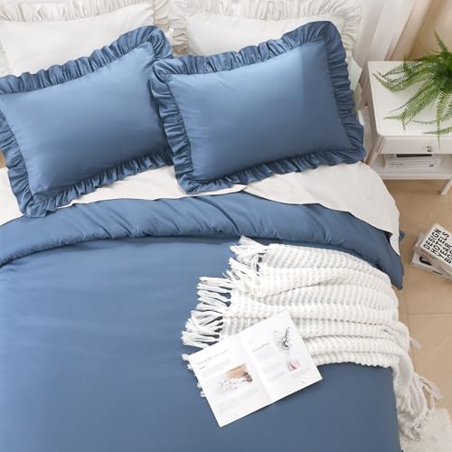 Litanika Queen Comforter Set, 3 Pieces Ocean Blue Ruffle Bedding Set - Image 4