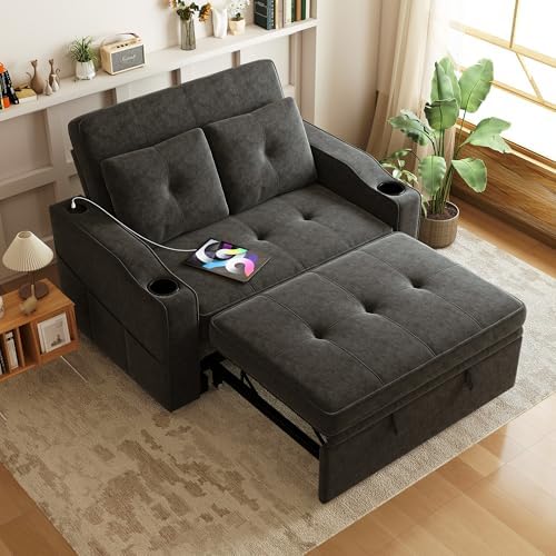 3-in-1 Convertible Loveseat Sleeper Sofa Bed, Dark Gray by Winlice
