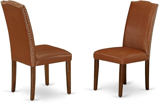 East West Furniture ANEN5-MAH-66 5 Piece Dining Set Includes a Round Dining Room Table with Pedestal and 4 Brown Faux Faux Leather Upholstered Parson Chairs, 36x36 Inch, Mahogany