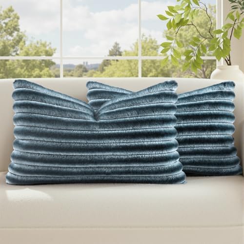 decorUhome Fall Faux Fur Throw Pillow Covers 12x20 Set of 2 Blue Grey by decorUhome