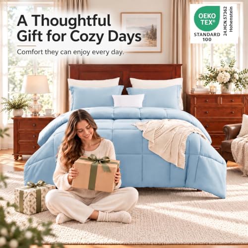 CozyLux Queen Size Comforter Set, 3-Piece Box-Stitched, Baby Blue - Image 4