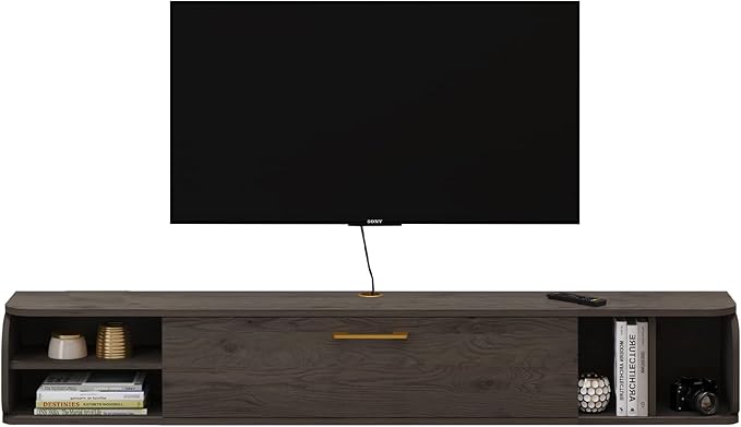 Floating TV Unit, 47'' Wall Mounted TV Cabinet, Floating Shelves with 4 Cabinets, Wooden Entertainment Media Console Center Large Storage TV Bench for Living Room & Office (47IN, Dark Grey)