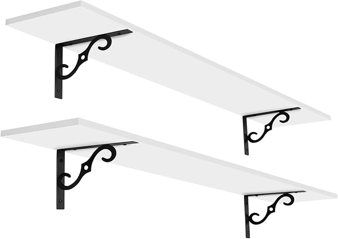 DINZI LVJ Long Wall Shelves, 55.1" Large Floating Shelves Set of 2, Wide Display Shelf Wall Mounted with Brackets, Easy Hanging for Living Room, Toilet, Office, Bedroom, White