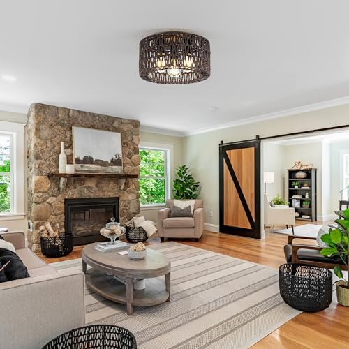 Rattan Ceiling Light Fixture, 3-Light Bohemian Modern Woven Ceiling Light - Image 4