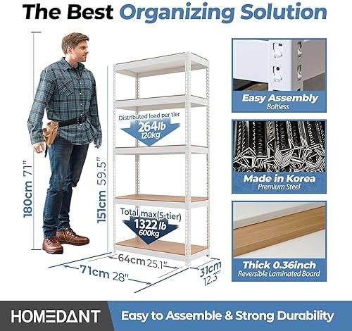 HOMEDANT White 28" W 5 Tier Storage Shelves Garage Shelving Metal 2Pack - Image 2