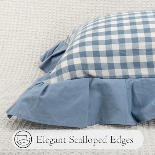JoraLion Ruffled 22x22 Pillow Cover Gingham Smoke Blue Solid Edge - Image 6