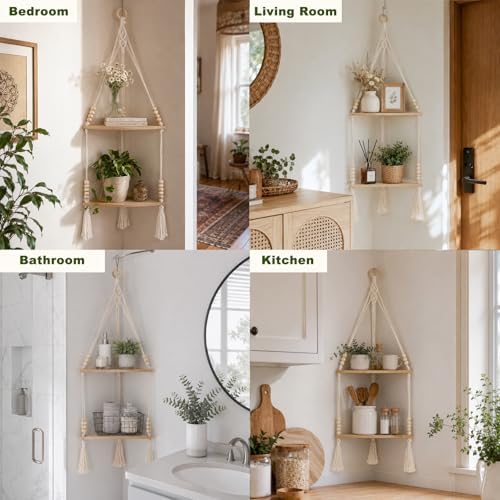 Artilady Macrame Wall Hanging Corner Shelf, Adjust Boho Storage Wall Decor - Image 3