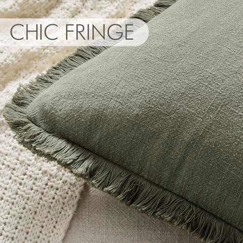 ANRODUO Euro Decorative Linen Fringe Pillow Covers 26×26 Olive Green 2 Pack - Image 3