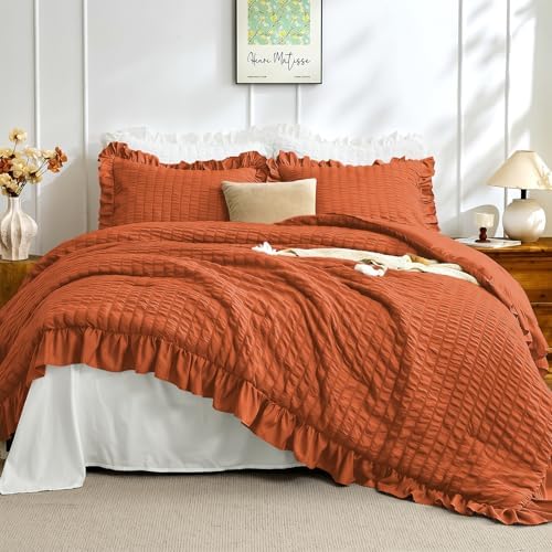 JOLLYVOGUE Burnt Orange Queen Comforter Set, 3 Pieces Seersucker Comforters by JOLLYVOGUE