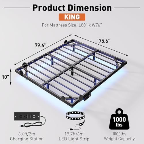 AGXI Floating Bed Frame with LED Lights and Charging Station, 10 Inch King Size - Image 2