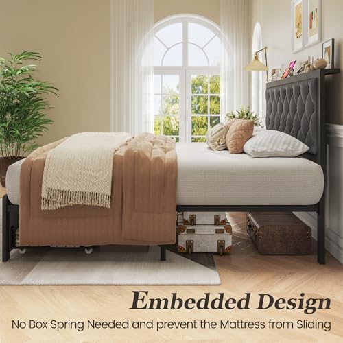 Queen Bed Frame with 2 Storage Drawers, Upholstered Headboard Button Tufted Bed - Image 6