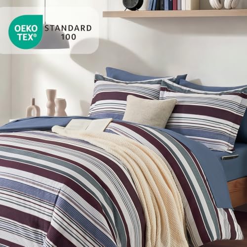 Monbix Oversized Queen Comforter Set-7 Pieces Burgundy Striped Bed in a Bag - Image 4
