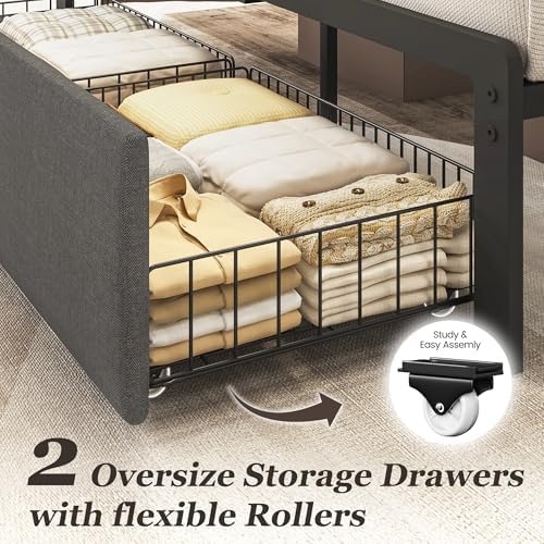 Queen Bed Frame with 2 Storage Drawers, Upholstered Headboard Button Tufted Bed - Image 4