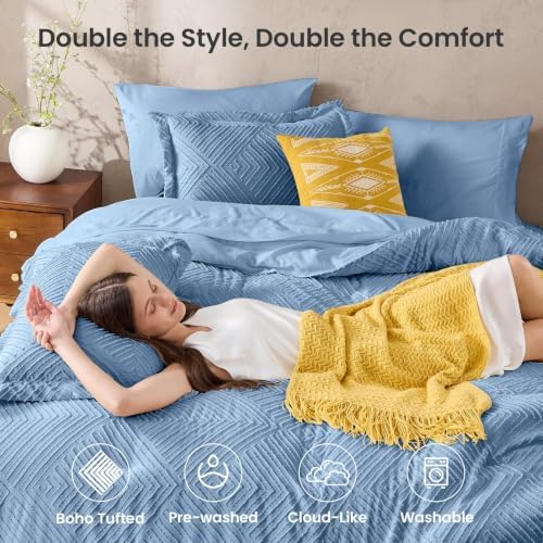JOLLYVOGUE Twin Comforter Set 5-PCS, Boho Tufted Bed in a Bag, Dusty Blue - Image 2