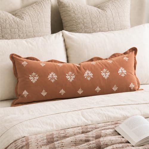BlissBlush Decorative Long Pillow Cover 14x36 Terracotta Floral Embroidery by BlissBlush