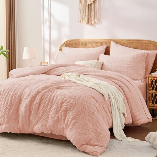 Queen Comforter Set with Sheets, 7 Pieces Bed in a Bag, Blush Pink by FUANNA