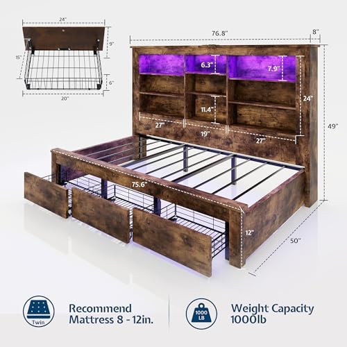 Jocisland Twin Bed Frame Bookcase Headboard, USB/LED＆3 Drawers, Rustic Oak - Image 2