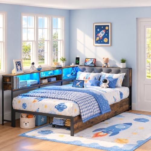 Twin Corner Bed Frame with Storage Drawers, Charging Station, LED Lights - Image 2