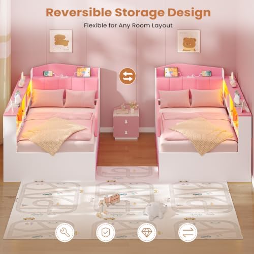 Twin Corner Bed Frame with 6 Storage Drawers, LED Lights, Charging Station - Image 6