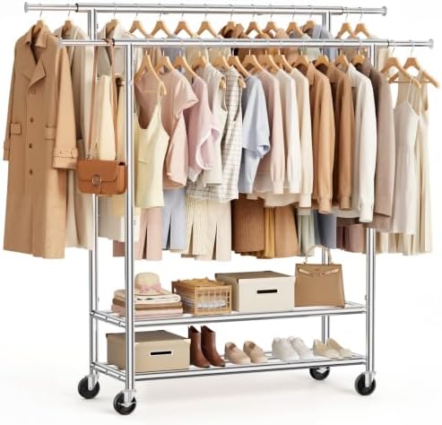 Heavy Duty Clothes Rack, Double Rod Garment Storage Organizer by ZHKINGGS