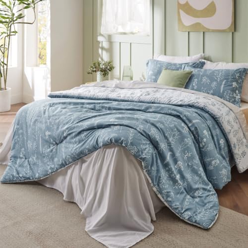 Bedsure Floral Comforter Set Cute Bedding Set King Reversible Mineral Blue - Image 4