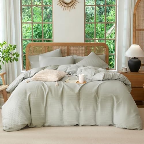 Queen Size Comforter Set Striped Sage Green Luxury Washed Microfiber Jacquard 3 - Image 2