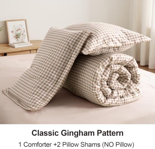 Queen Comforter Set, Fluffy Tan Gingham Plaid Bedding, 3 Pieces - Image 4