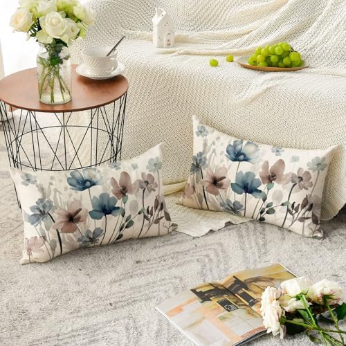 AVOIN colorlife Poppy Flowers Blue Brown Pillow Covers 12x20 Inch Set of 2 - Image 3