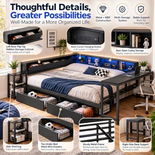 Queen Corner Bed with Desk and Storage, LED corner Bed Frame - Image 6