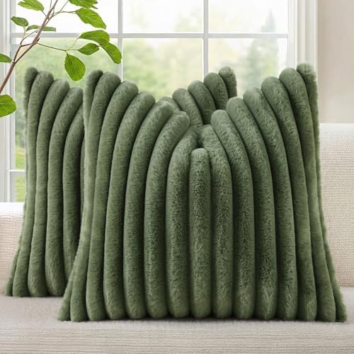 decorUhome Fall Faux Fur Throw Pillow Covers 18x18 Set of 2 Olive Green by decorUhome