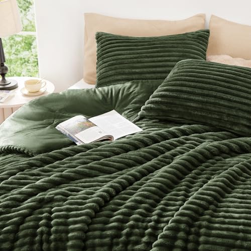EXQ Home Fluffy Comforter Set King Size, 3 Pieces Bed Set, Olive Green - Image 4
