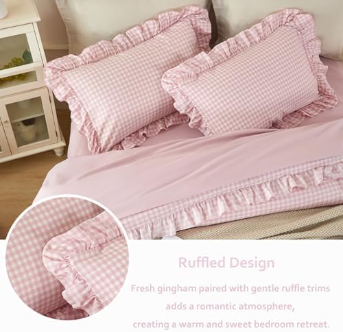 5 Pcs Pink Gingham Ruffled Comforter Set Twin - Image 4