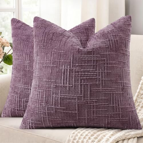 decorUhome Textured Chenille Throw Pillow Covers 16x16 Set of 2 Purple by decorUhome