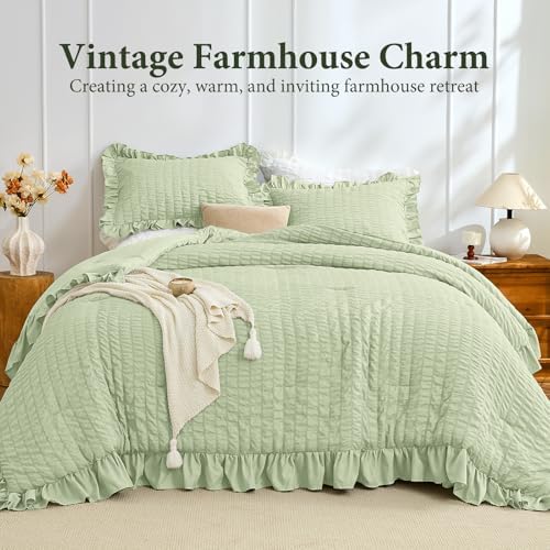 JOLLYVOGUE Sage Green Queen Comforter Set, 3 Pieces Seersucker Comforters Queen - Image 2