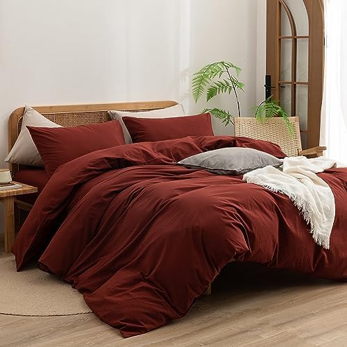 BESTOUCH Cotton Solid Duvet Cover Set Linen Feel Fired Brick Red Queen - Image 4