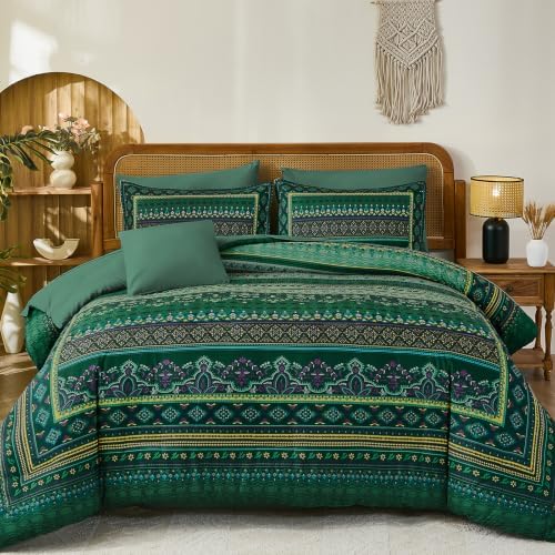 Green Boho Comforter Set Queen Size, 8 Pieces Striped Bed in a Bag by Cottolester